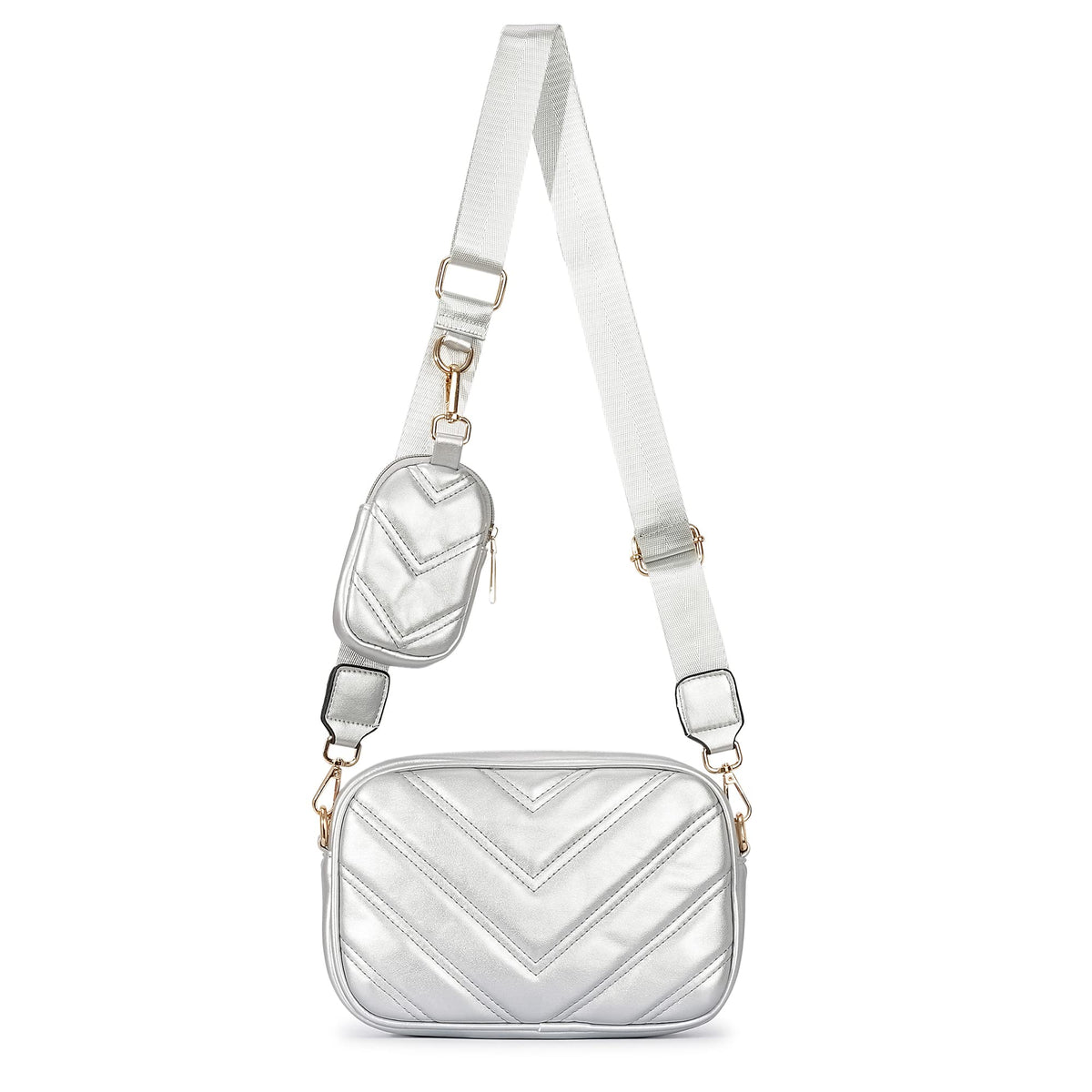 Herald Chevron Quilted Small Crossbody Bag with Coin Purse Pouch Women Square Snapshot Camera Side Shoulder 2 Size Handbag (Silvery)