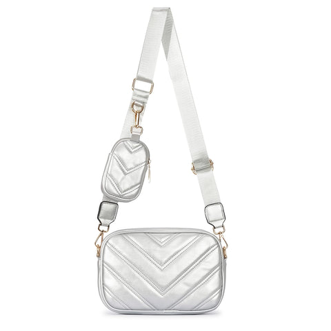 Herald Chevron Quilted Small Crossbody Bag with Coin Purse Pouch Women Square Snapshot Camera Side Shoulder 2 Size Handbag (Silvery)