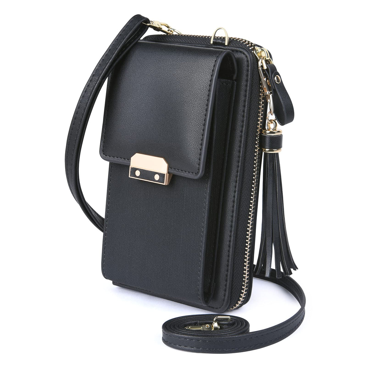 Womens Cross-Body Bag, PU Leather Phone Purse, Small Phone Bag Change Bag with Shoulder Strap and 7 Card Slots, Mini Wallet Bag for Women Girls - Black