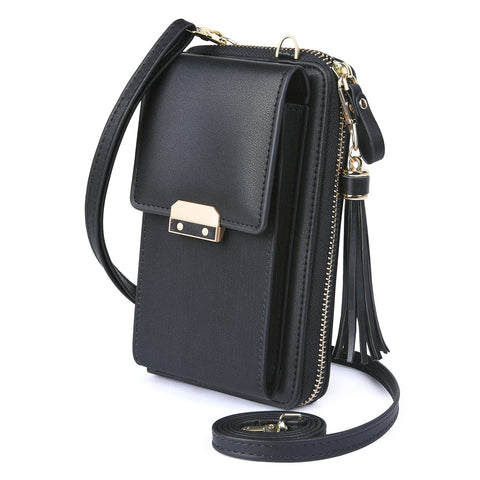 Womens Cross-Body Bag, PU Leather Phone Purse, Small Phone Bag Change Bag with Shoulder Strap and 7 Card Slots, Mini Wallet Bag for Women Girls - Black