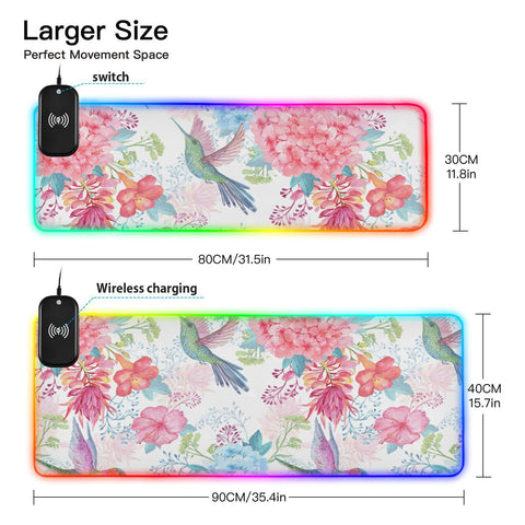 Flowers Birds Wireless Charging Mouse Pad for Mobile Phone Extra Large Gaming Mousepad with 13 Lighting Modes Mouse Mat for Gaming MacBook PC Laptop Desk Home Office