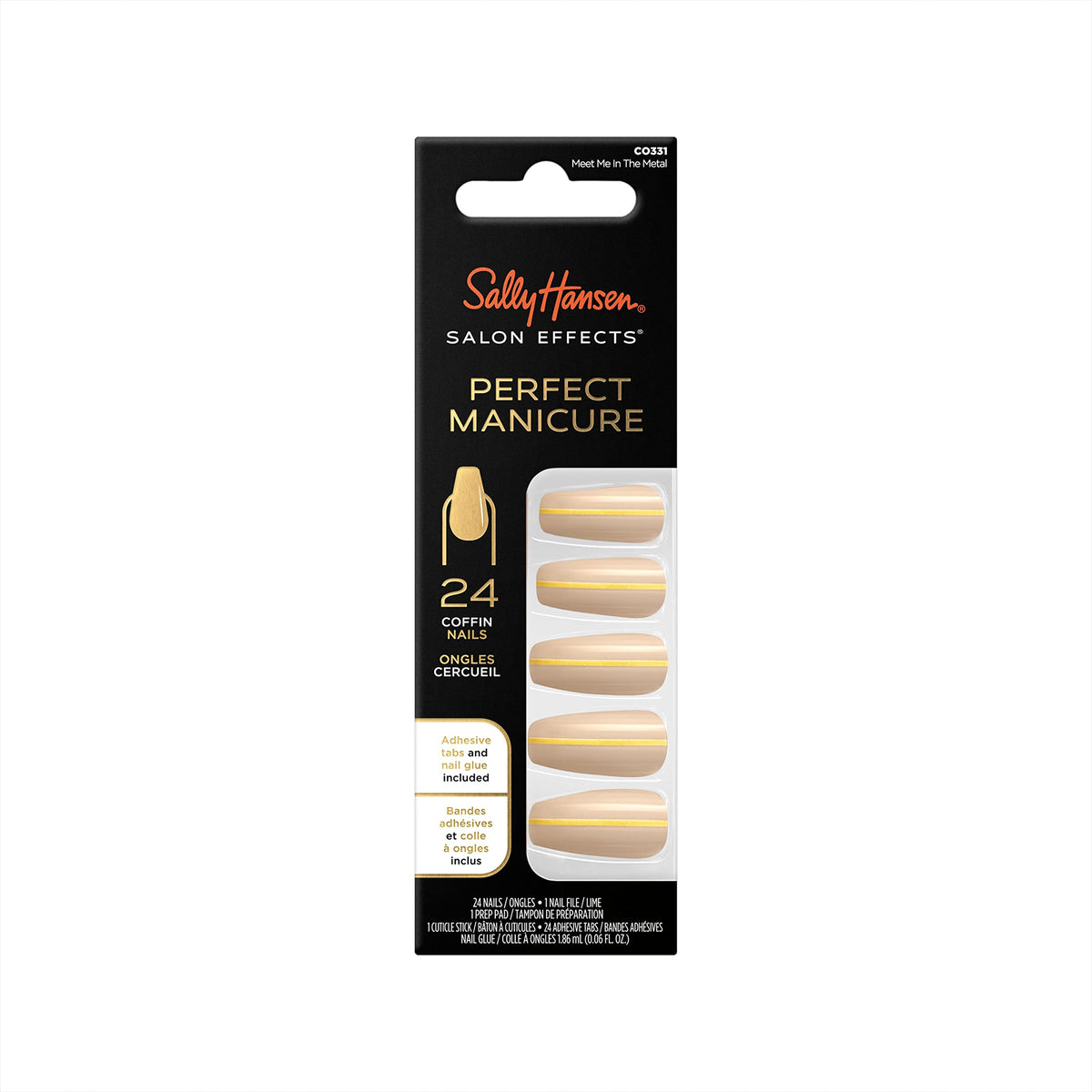 Sally Hansen Salon EffectsÂ® Perfect Manicure, Meet Me In The Metal, Press On Nails, Coffin Shaped, Non-Damaging Adhesive Tabs, File, and Alcohol Pad Included
