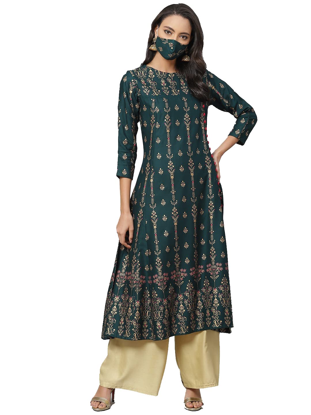 Yash Gallery Women's Rayon Floral Print Anarkali Kurta, Green, Large