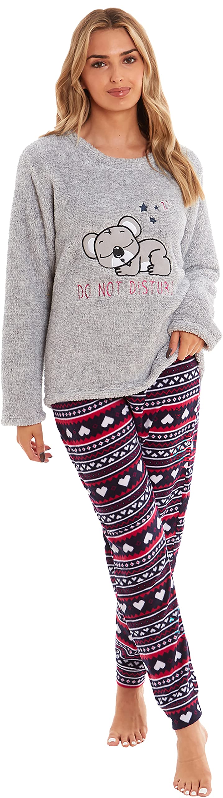 KATE MORGAN Ladies Soft, Comfy & Warm Pyjama Sets | Warm Fleece Pyjamas for Women Sets Pjs | Soft Twosie Pyjama Set for Ladies Gifts for Her, Grey Cat, M