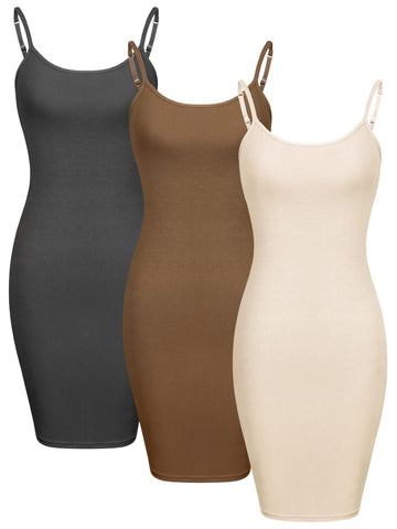 WILLBOND 3 Pieces Basic Cami Women Long Tanks Dress with Strap, Solid Color (Charcoal Gray, Beige, Tea Brown,Medium)