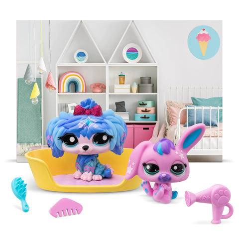 BANDAI Littlest Pet Shop Petfluencer Super Salon | Petfluencer Set Contains 2 LPS Mini Pet Toys 4 Accessories 1 Backdrop 1 Collector Card and 1 Virtual Code | Collectable Toys for Girls and Boys