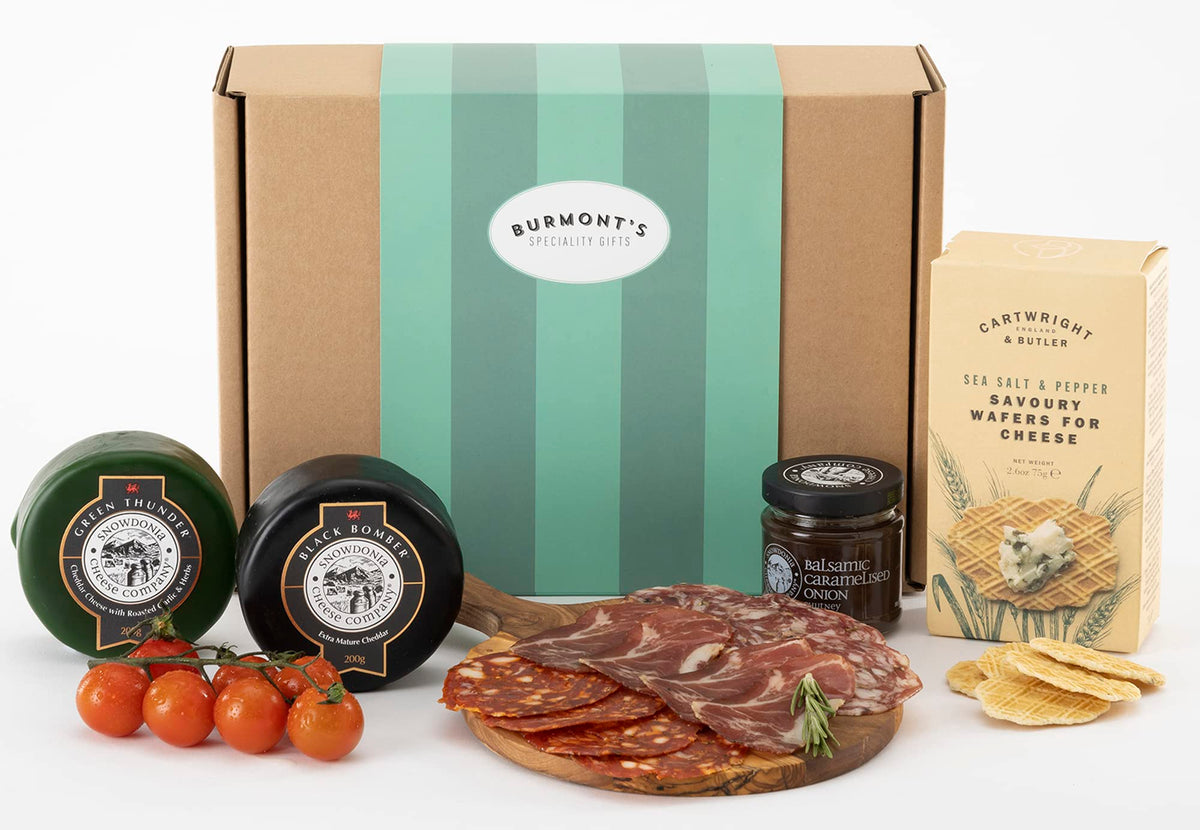 Snowdonia Cheese & Charcuterie Cured Meats Gift Hamper. Contains Black Bomber Cheddar, Green Thunder, Salami, Chorizo, Coppa Ham, Chutney & Wafers for Cheese. Hamper Exclusive to Burmont's