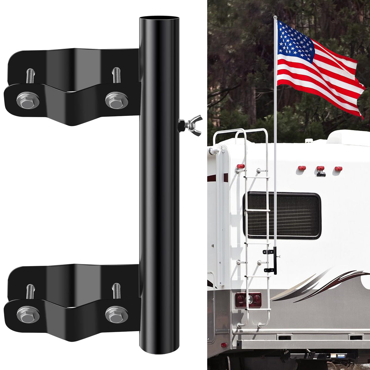 UQM RV Ladder Flag Pole Mount, Adjustable Flag Pole Holder for Camper, Heavy Duty RV Ladder Mounted Flagpole Holder, Suitable for Most RV Ladder
