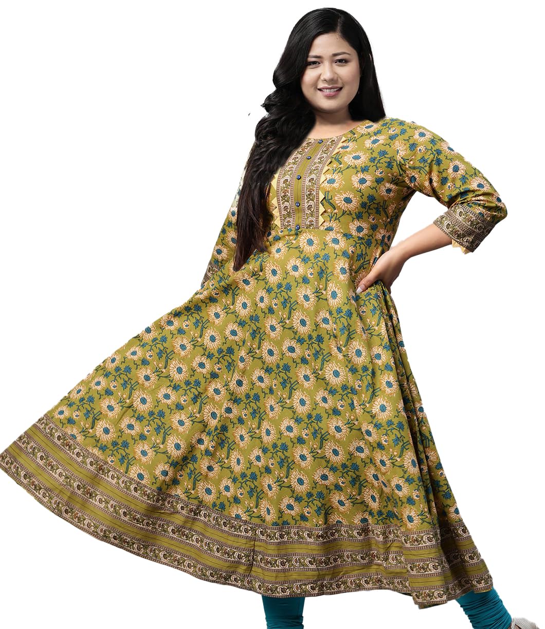 Yash Gallery Printed Yoke Design Cotton Anarkali Kurta for Women Indian Style, Green., 5X-Large
