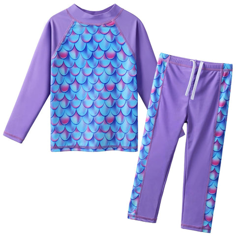 Girls Two Piece Swimsuit Floral UPF 50+ Rash Guard Set Kids Swimwear S347_ScalePurple_8A