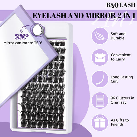 B&Q Lash Clusters D Curl 8-16MIX 96 PCS Eyelash Clusters Wispy with 360Ãƒâ€šÃ‚Â° Rotatable Mirror Cluster Eyelash Extensions Natural Lash Clusters Lashes Wispy Diy Lash Extensions Clusters (Q06,D 8-16MIX)