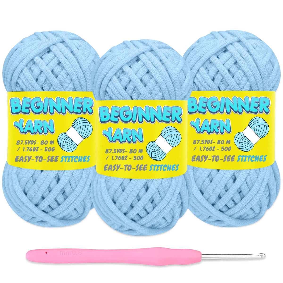 3 Pack Beginners Crochet Yarn, Baby Blue Yarn for Crocheting Knitting Beginners, Easy-to-See Stitches, Chunky Thick Bulky Cotton Soft Yarn for Crocheting (3x50g)