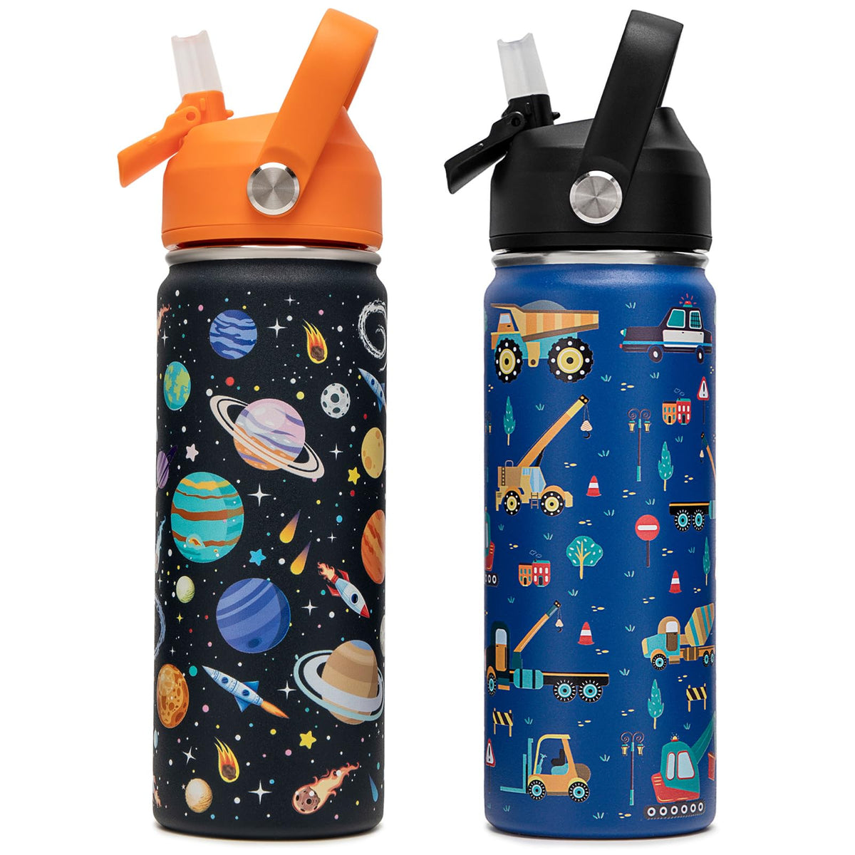 ACESAK 18oz Kids Insulated Water Bottle with Straw Lid - 18/8 Stainless Steel Kid Cup BPA-FREE Travel Tumbler Double Wall Vacuum Leak Proof Portable Toddler Water Bottle (Space + Car)