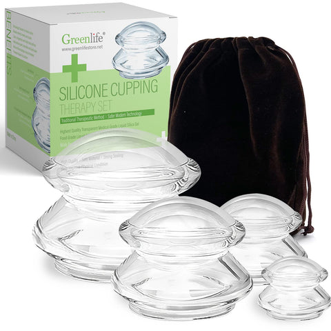 GreenLife® Cupping Therapy Sets - Silicone Cups Set Firm (4 pcs) for Muscle Soreness Pain Relief Body Neck Knee, Self Massage Tool, Deep Muscle Massager, Anti Cellulite Joint Pain Recovery