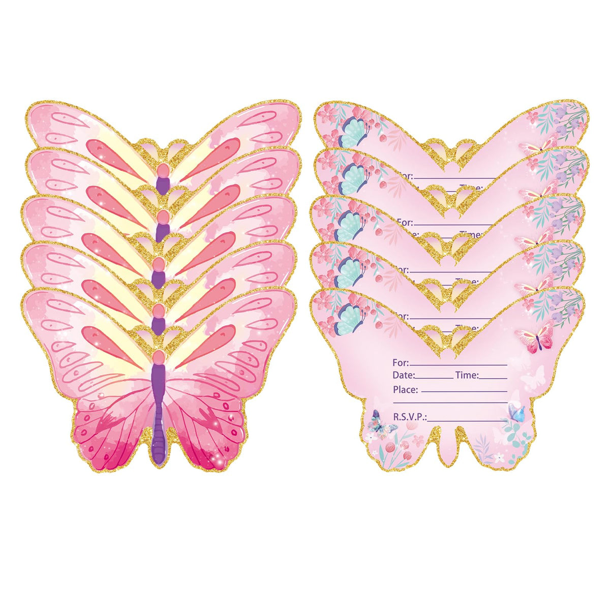 JEKUGOT 10Pcs Pink Butterfly Party Invitations Kids, Butterfly Party Invites for Girls Kids Birthday Baby Shower Celebration, Butterfly Birthday Party Decorations