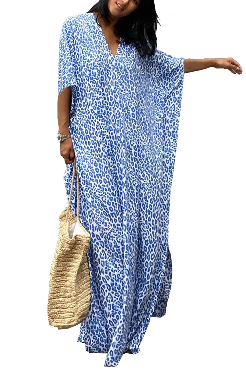 YouKD Women's Summer Kaftan Maxi Bohemian Dress Beach Bikini Coverup Robe Long Kimono One Size