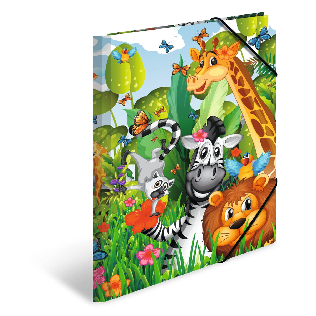 HERMA 19373 Portfolio Folder A4 Nursery Animals Jungle, Children's Corner Folder Made of Cardboard with Inner Print and Elastic Band, Sturdy Cardboard Folder, for Boys and Girls