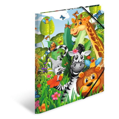 HERMA 19373 Portfolio Folder A4 Nursery Animals Jungle, Children's Corner Folder Made of Cardboard with Inner Print and Elastic Band, Sturdy Cardboard Folder, for Boys and Girls