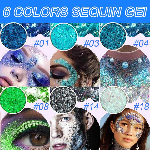 6Pcs Holographic Blue Green Black White Face Body Glitter Gel,Singer Concerts Music Festival Rave Accessories,Mermaid Face Makeup Glitter Gel,Sequins Glitter Face Paint for Eye Lip Hair for Women