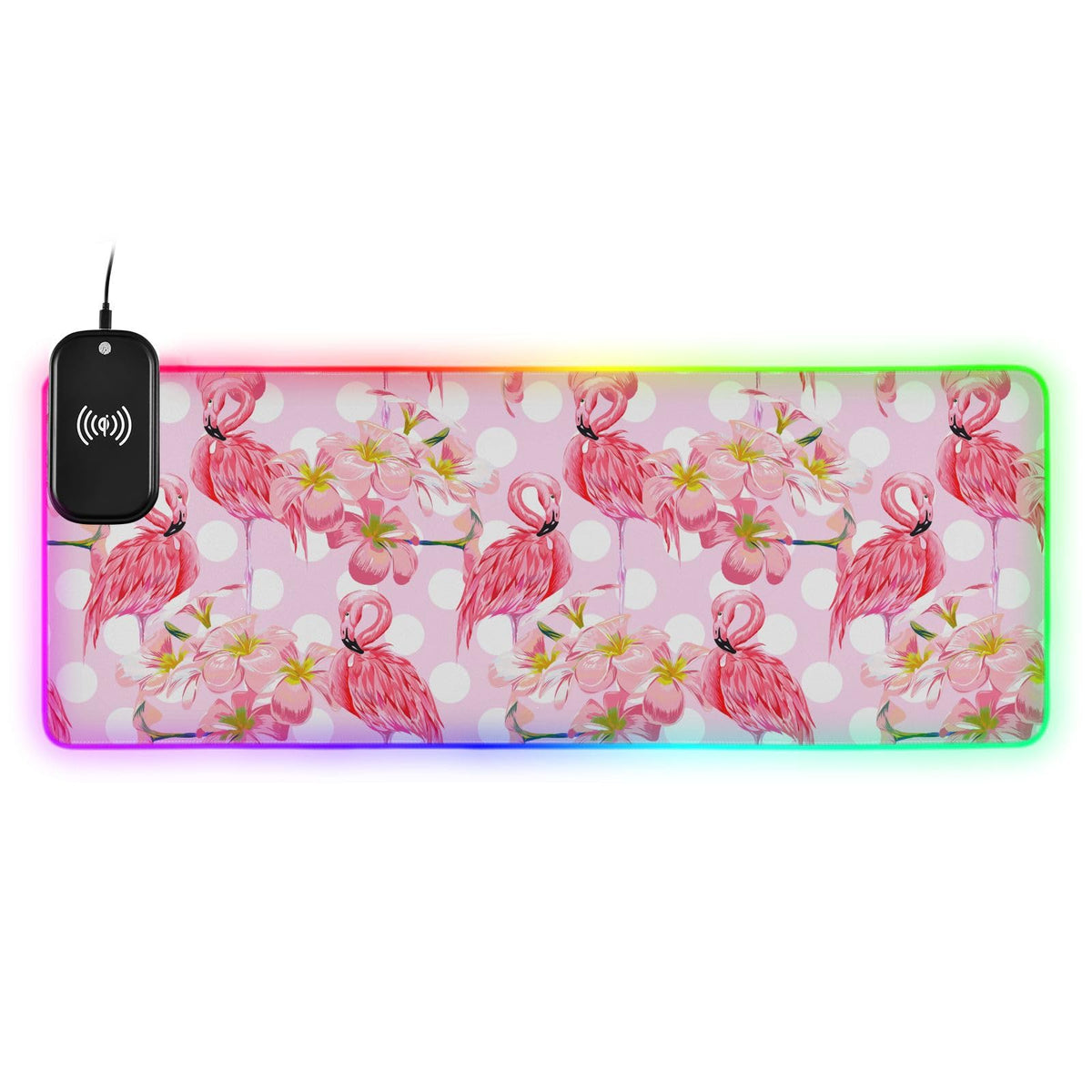 Floral Flamingos Tropical Flowers Wireless Charging Mouse Pad for Mobile Phone Extra Large Gaming Mousepad with 13 Lighting Modes Computer Mat for Gaming MacBook PC Laptop Desk Office Home