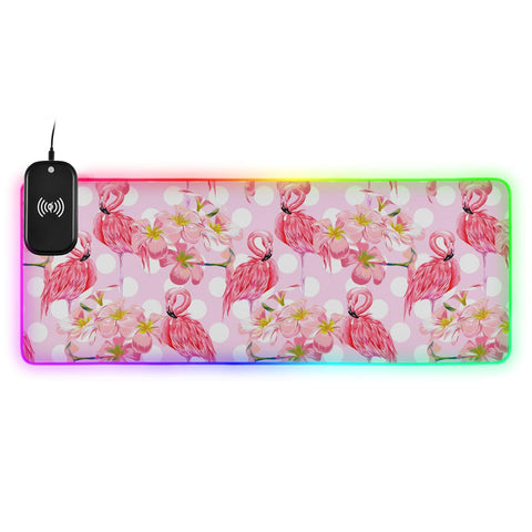 Floral Flamingos Tropical Flowers Wireless Charging Mouse Pad for Mobile Phone Extra Large Gaming Mousepad with 13 Lighting Modes Computer Mat for Gaming MacBook PC Laptop Desk Office Home