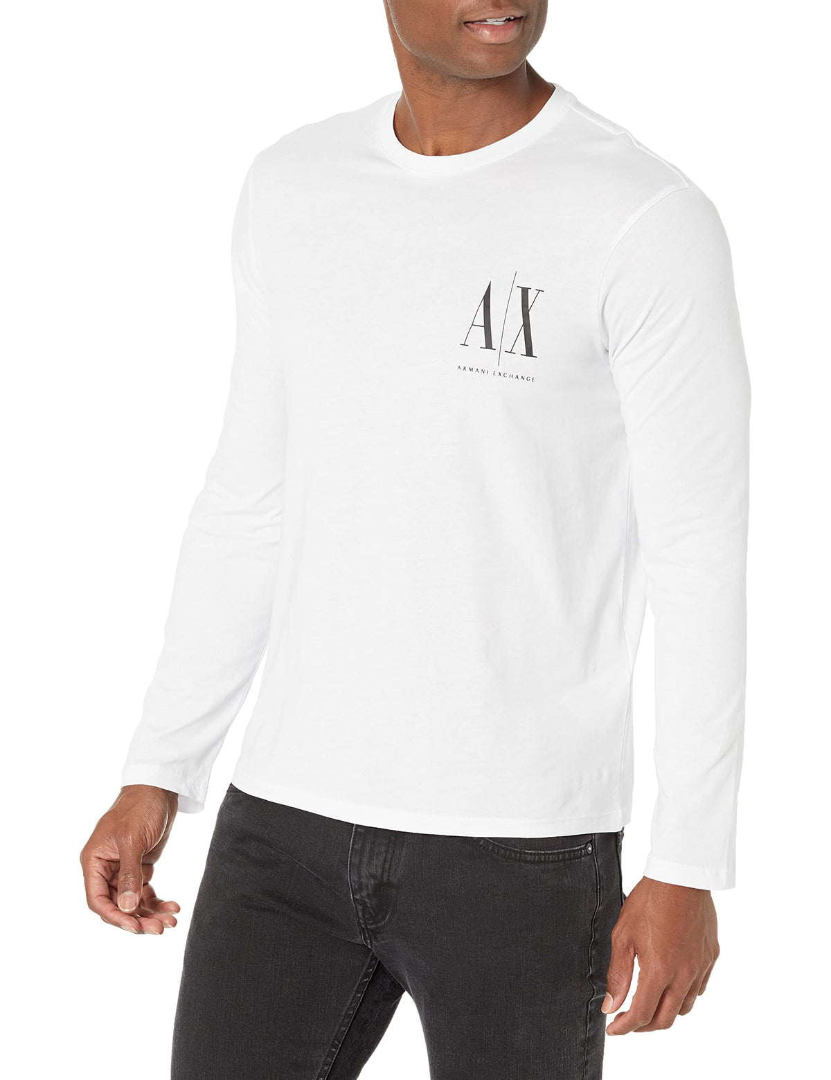 Armani Exchange Men's Long Sleeves, Front Print Logo T-Shirt, White, Medium