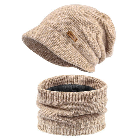 Womens Winter Warm Knit Hat Scarf Set Wool Winter Ski Hat Fleece Lined Knit Cap with Visor, Beige Pink, One Size