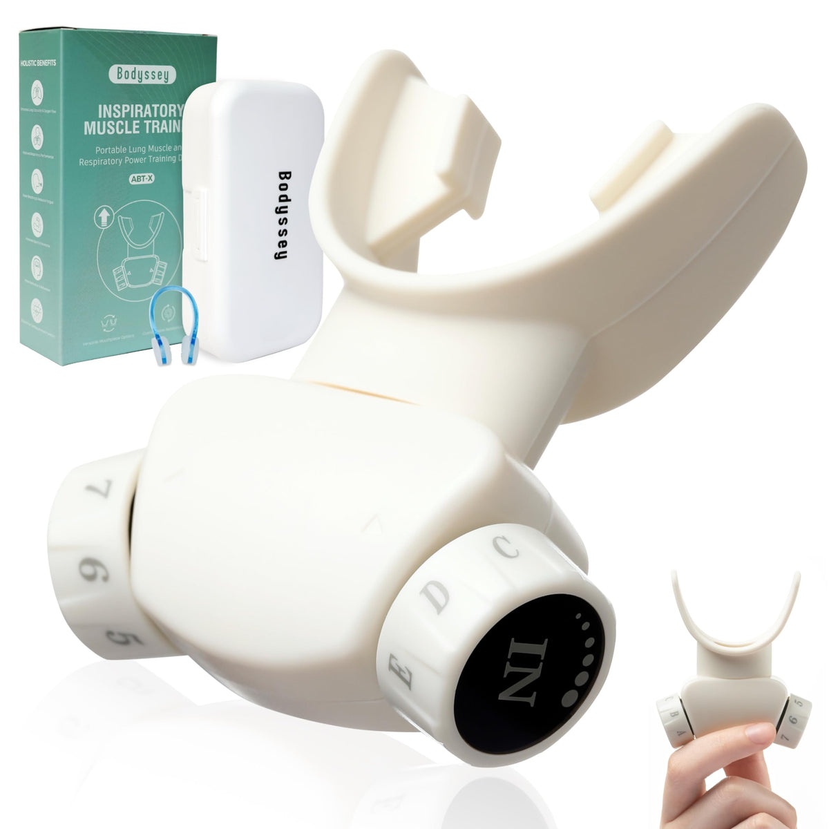 Bodyssey Adjustable Respiratory Sports Trainer, Handheld Breathing Exercise Device with Dual Mouthpieces, Independent Resistance Settings for Enhanced Breathing Techniques (Ivory White)