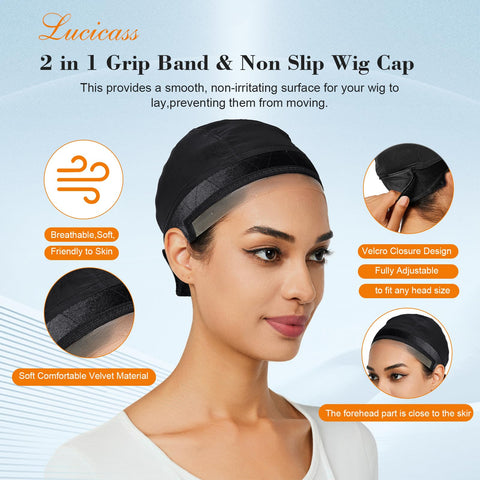 lucicass Wig Cap Wig Grip Cap for Keeping Wigs in Place Non Slip Wig Cap with Built-in Velvet Wig Grip Band Make Your Wig Be Glueless(Black)