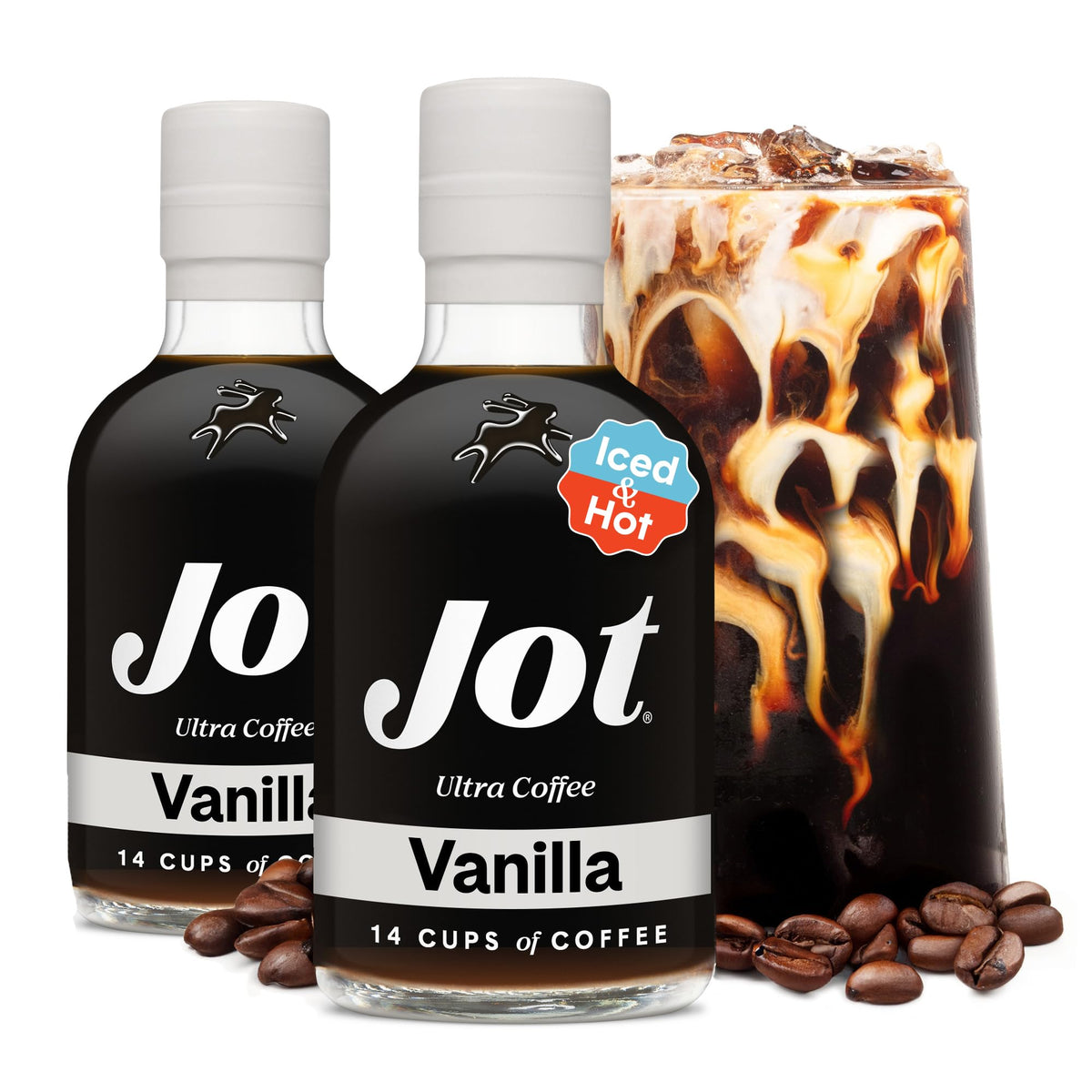 Jot Coffee Concentrate (Vanilla 2-Pack) - High Caffeine Instant Cold Brew Coffee, Iced Coffee, Instant Espresso, Hot Coffee Drinks - 14 Cups Instant Coffee Cold Brew Concentrate, 150mg Caffeine/Tbsp