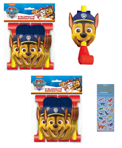 Unique Paw Patrol Birthday Party Supplies Bundle Pack includes 16 Party Blowouts and 1 Dinosaur Sticker Sheet