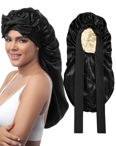 AWAYTR Long Satin Bonnet for Sleeping - Double Layer Reversible Silk Bonnet for Long Hair Women Sleeping Cap with Tie Band (Black+Light Yellow)