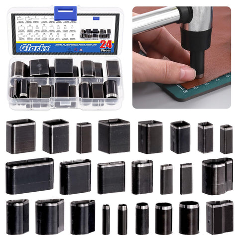 Glarks 24Pcs Hollow Punch Cutter Tool, Multiple Shapes Leather Punch Tool, Alloy Steel One Hole Leather Cutting Tools, Leather Craft Tool Kit for Handmade DIY Leather Crafts