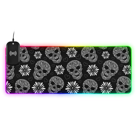 Floral Skulls Black Wireless Charging Mouse Pad for Mobile Phone Extra Large Gaming Mousepad with 13 Lighting Modes Keyboard Mat for MacBook PC Laptop Desk Office Home Gaming