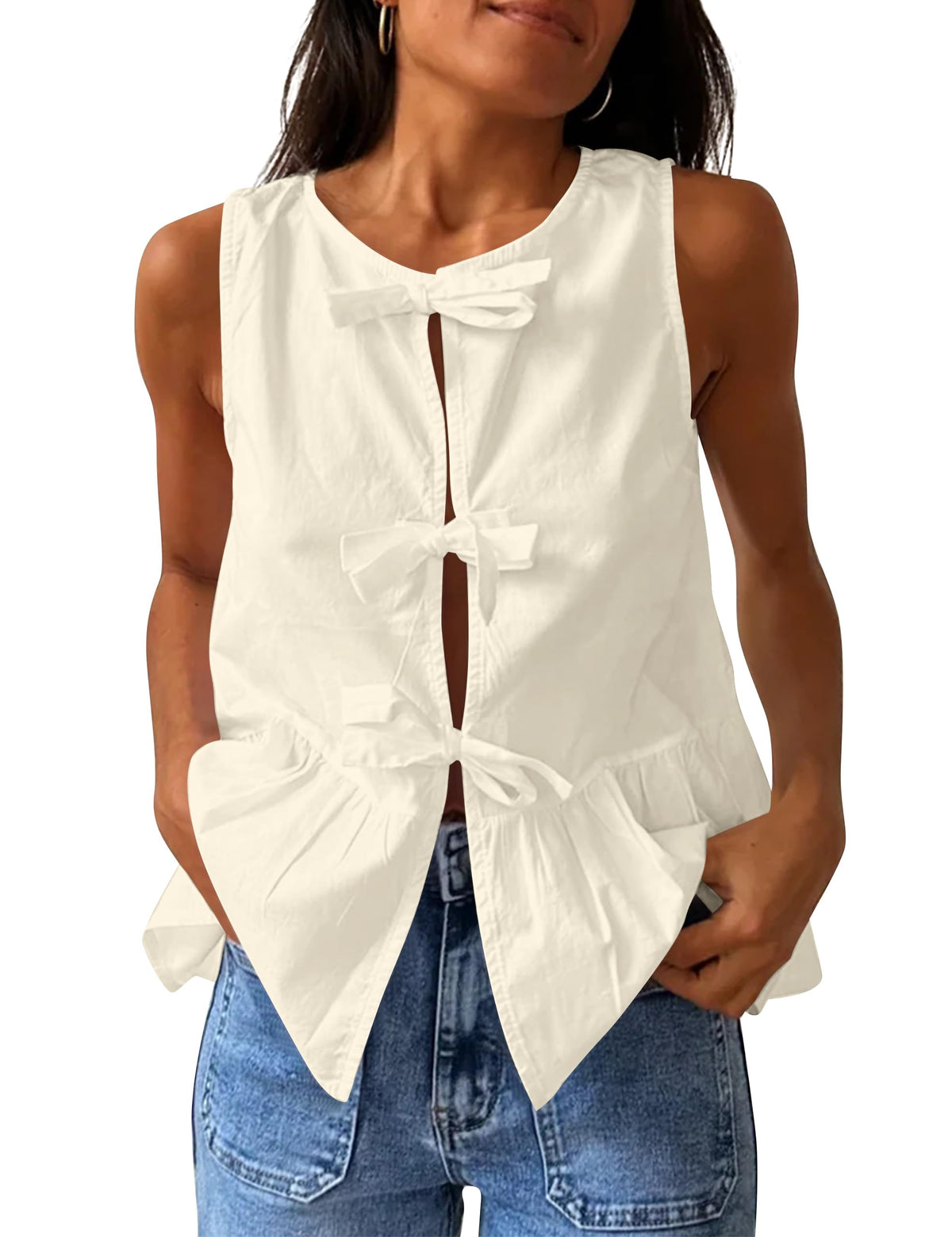 Cioatin Women Sleeveless Bow Tie Front Peplum Tank Tops Loose Fit Cut Out Cotton Babydoll Blouse Shirt Going Out Summer Beige