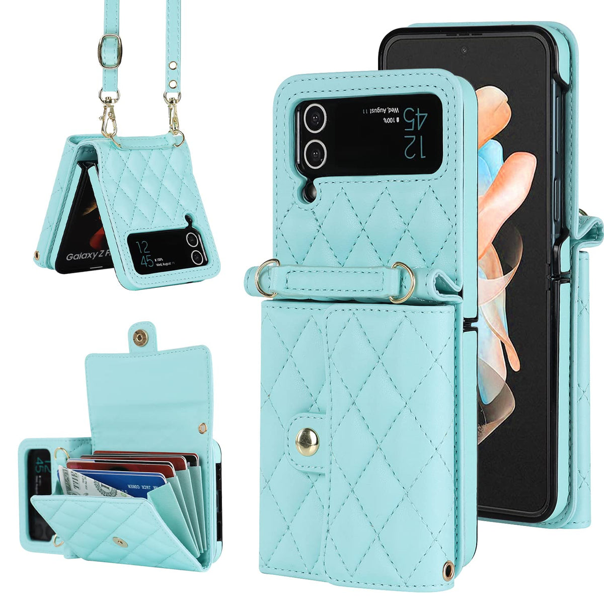 XIMAND for Samsung Galaxy Z Flip 4 Accordion Crossbody Wallet Case, 4 Card Slots, RFID Blocking, and Adjustable Strap - Stylish and Versatile Accessory for The Modern, Chic Woman (Green)