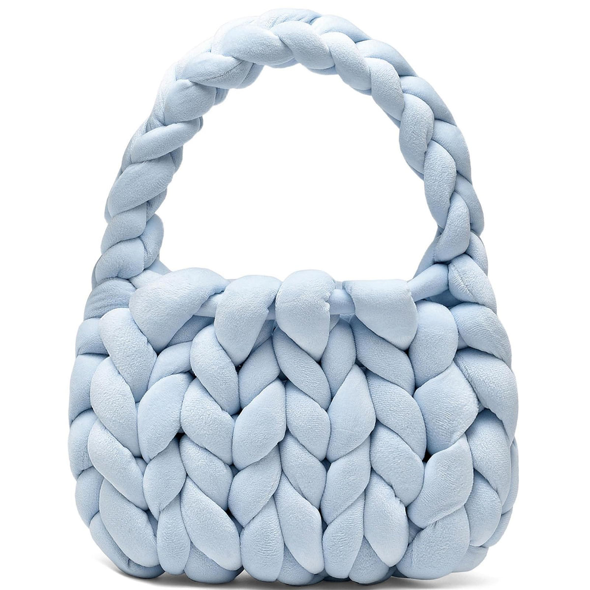 Handwoven Tote Bags for Women Chunky Yarn Knit Shoulder Bag Handmade Braided Purse, Light Blue, M