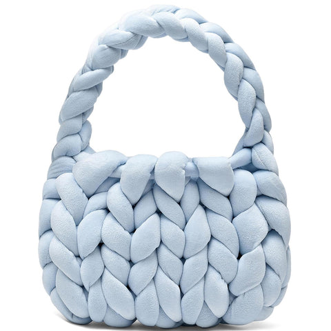 Handwoven Tote Bags for Women Chunky Yarn Knit Shoulder Bag Handmade Braided Purse, Light Blue, M