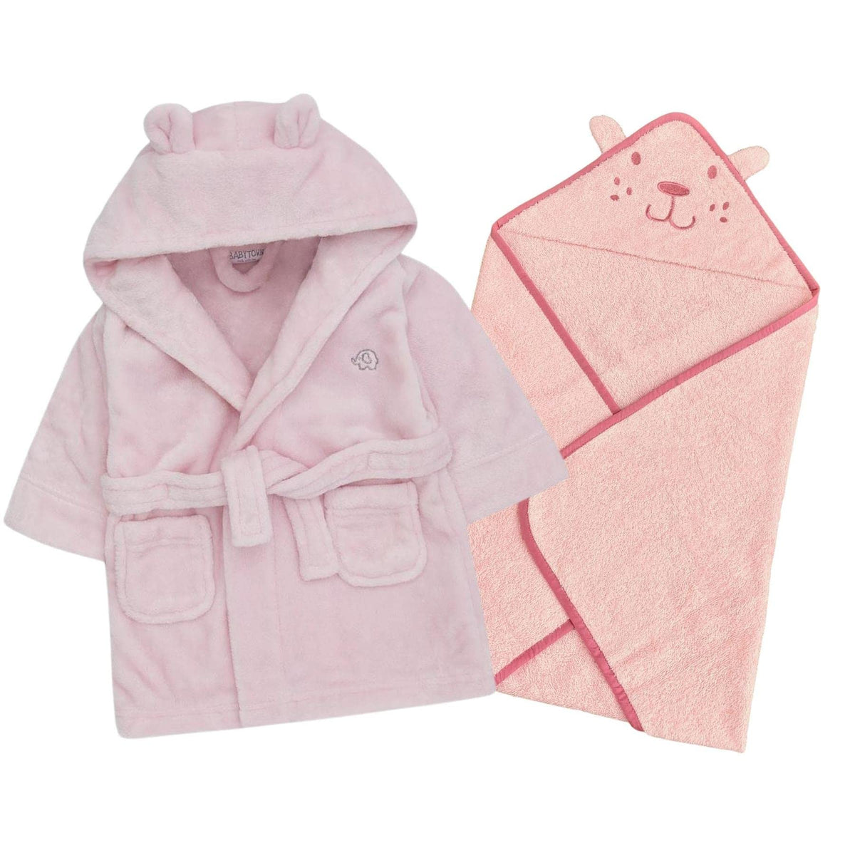 Style It Up Baby Newborn Dressing Gown Hooded Towel Wrap Set Soft Warm Unisex Bath Robe Gift (Pink Towel, Pink Robe, 12-18 Months)