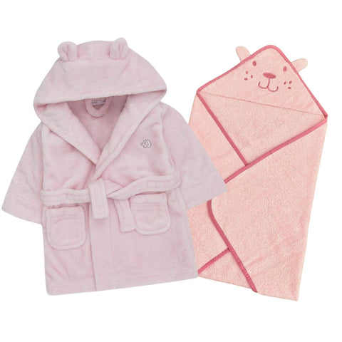 Style It Up Baby Newborn Dressing Gown Hooded Towel Wrap Set Soft Warm Unisex Bath Robe Gift (Pink Towel, Pink Robe, 12-18 Months)