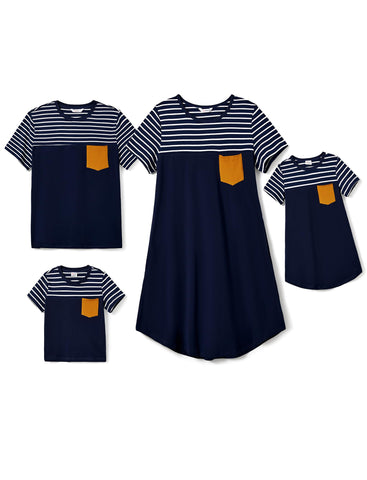 PATPAT Family Matching Outfits Mommy and Me Striped Short Sleeve Tshirt Summer Casual Dresses Blue with Pocket and Tshirts Girls 6-7 Years