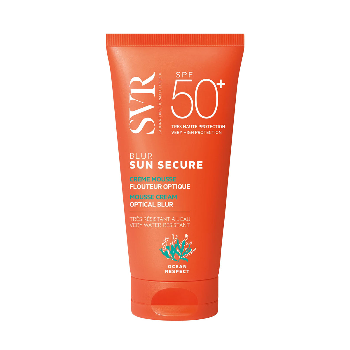 SVR SUN SECURE BLUR SPF50+ - Perfecting Soft-Focus Broad-Spectrum Face Sunblock Mousse-Primer, Ultra-High UVB/UVA Protection, Peachy, Velvet FInish, Water-Resistant, Reef-Safe, 50ml