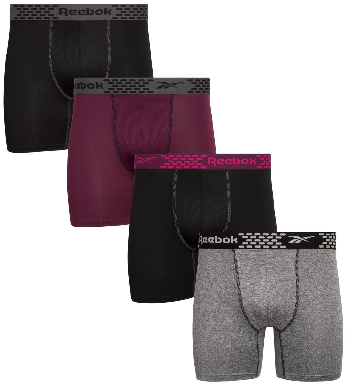 Reebok Men's Boxer Briefs - 4 Pack Quick Dry Moisture Wicking Performance Mens Underwear - Stretchy Soft Boxers for Men S-XL, Size X-Large, Black/Wine/Charcoal