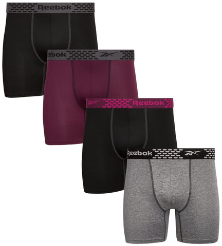 Reebok Men's Boxer Briefs - 4 Pack Quick Dry Moisture Wicking Performance Mens Underwear - Stretchy Soft Boxers for Men S-XL, Size X-Large, Black/Wine/Charcoal