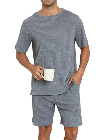 EISHOPEER Knit Matching Pajamas Sets Couple Drawstring Nightwear Short Sleeve Sleepwear 2 Pieces Loungewear with Shorts Grey Large