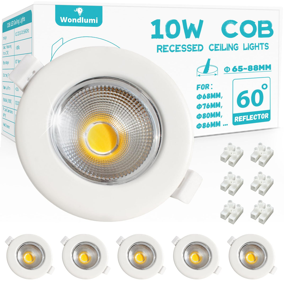 Wondlumi 6X 10W LED Downlights for Ceiling, COB Ultra Slim Recessed Ceiling Lights Cool White 5000K, Round Matte White Spot Lights for Bedroom, Living Room, Kitchen, Cutout Ã˜65-88mm