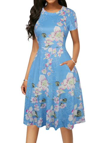 oxiuly Women's Fit and Flare Summer Casual Dress Cotton Strertchy Midi Dresses with Pockets OX262 (Sky Floral, M)