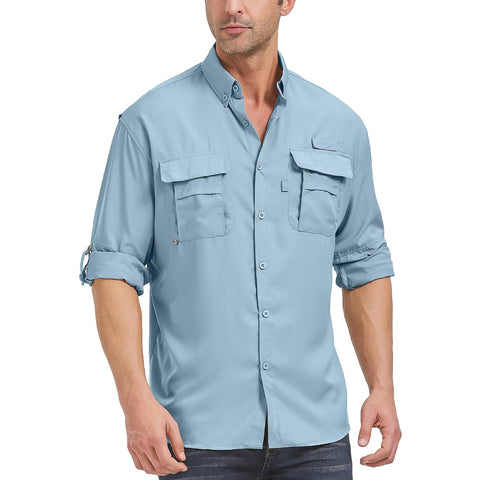 mosingle Mens Safari Shirts Long Sleeve UV Protection Hiking Fishing Lightweight Quick Dry Camping Travel Shirts #5052-Blue-XXL