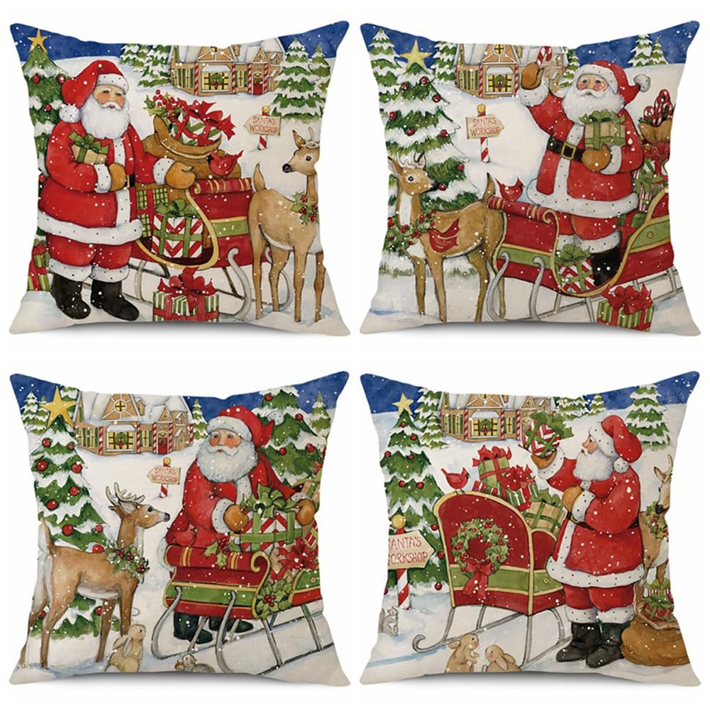Christmas Cushion Covers Set of 4 Red Green Blue Xmas Pillow Cases 45x45 cm Soft Polyester Square Santa Claus Decorative Throw Pillow Covers 18x18 inches for Bedroom Living Room Sofa Couch Bed Decor
