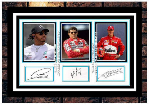 (535) LEWIS HAMILTON AYRTON SENNA MICHAEL SCHUMACHER F1 SIGNED A4 FRAMED PHOTOGRAPH (REPRINT) GREAT GIFT
